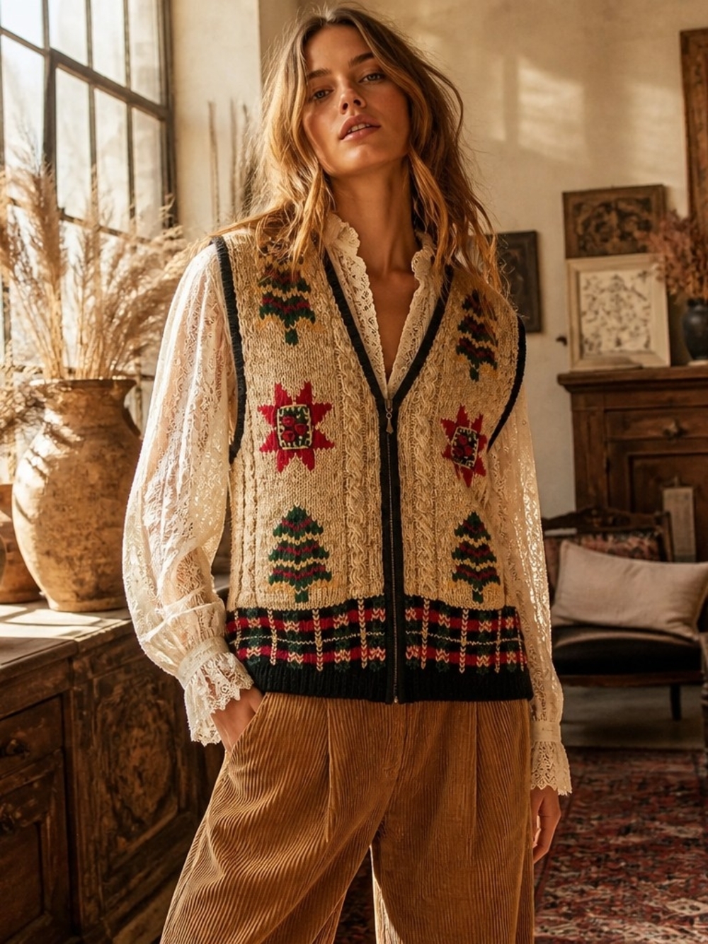 Nut Cracker Cream Fair Isle V-Neck Knit Sweater Vest with Zip